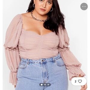 Nasty Gal Blush Pink Ruched Puff Sleeve Square Neck Top